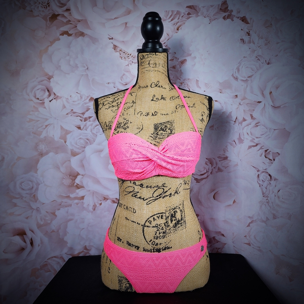 Pink Twist Push-up Bandeau Matching Bikini Set